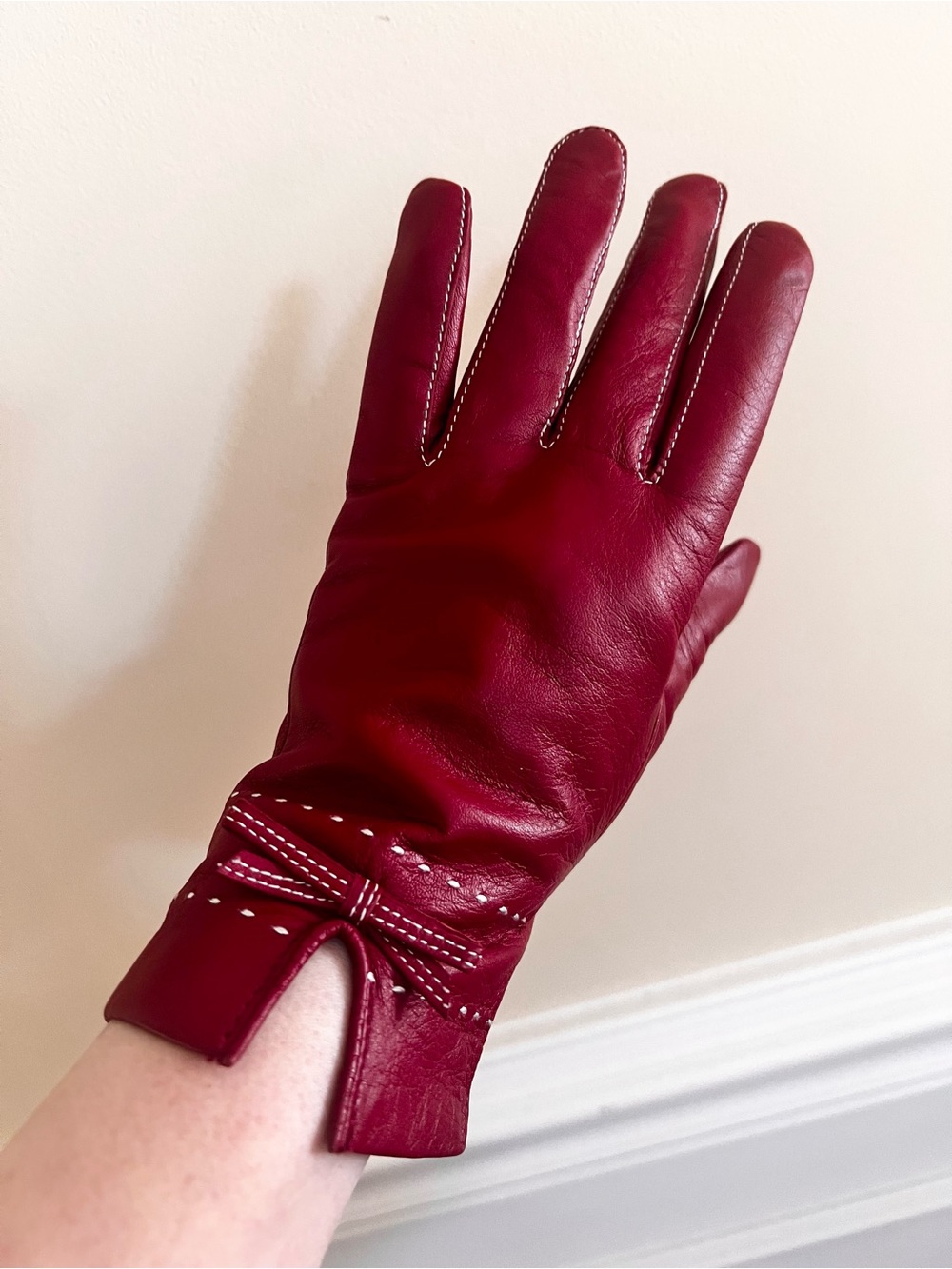 Dark Red Soft Leather Gloves with Bow Accent
